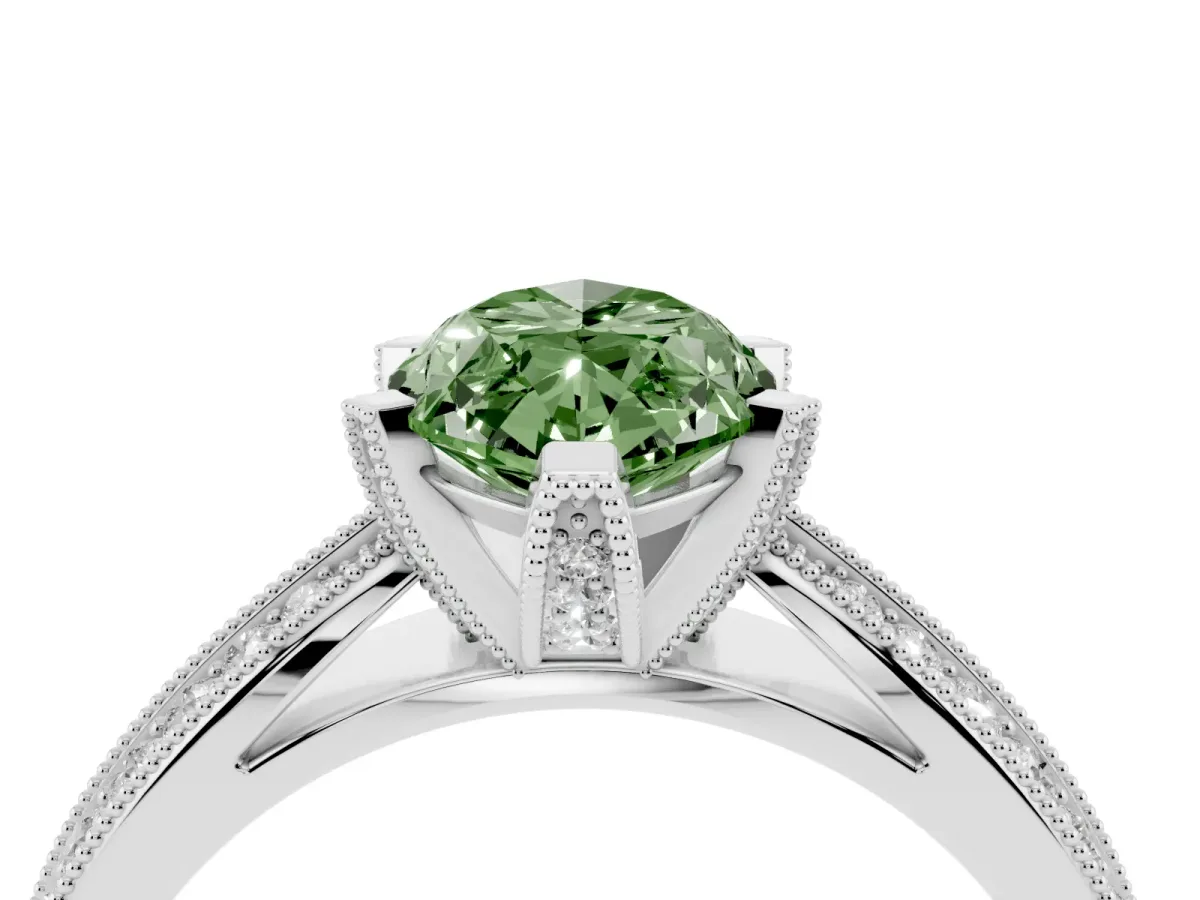 Fancy Green Marquise Cut Diamond Solitaire Ring with Milgrain Round Pavé Band and Prong Setting Platinum