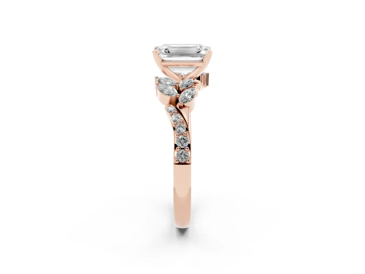 Emerald Cut Solitaire Marquise Twist Band with Six-Prong Setting Rose gold