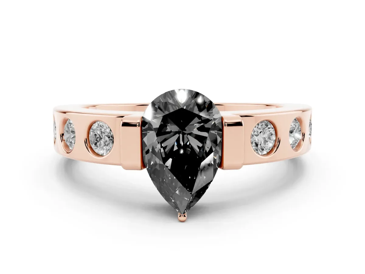 Fancy Black Pear Cut Brilliant Channel-Set Diamond Ring with Bezel Prong Setting Rose gold