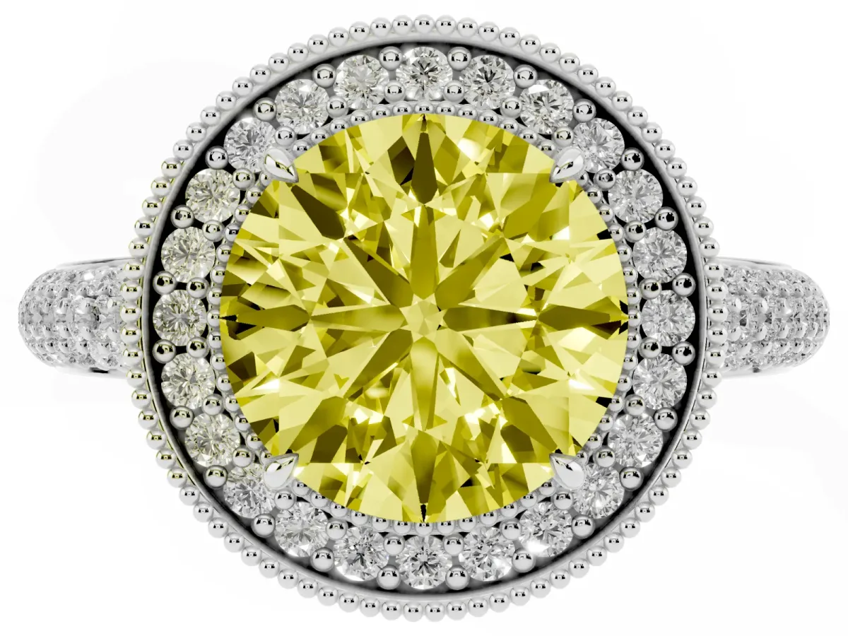 Fancy Yellow Round Cut Cut Halo Diamond Pave Band with Four-Prong Setting Silver