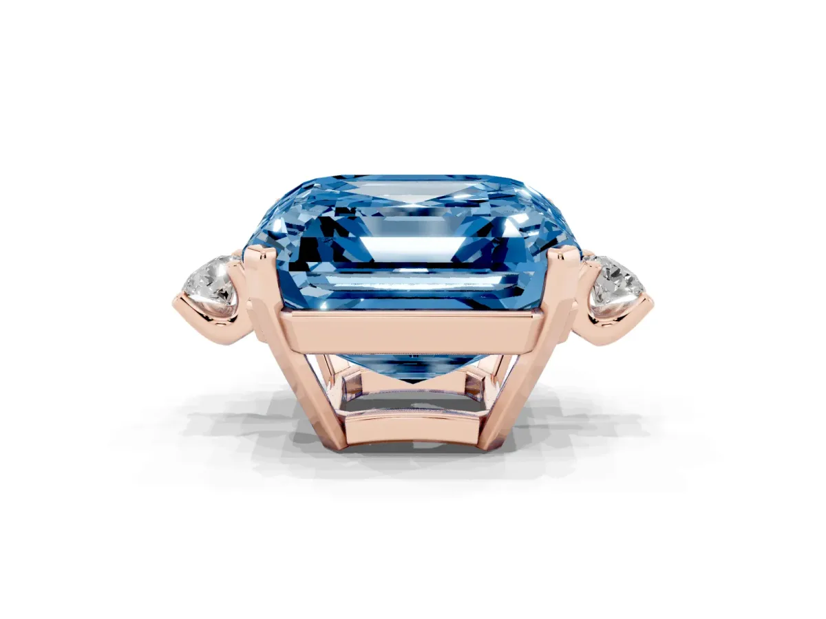 Fancy Blue Asscher Cut Cut Three-Stone Solitaire Ring with Round Accent Diamonds and Four-Prong Setting Rose gold