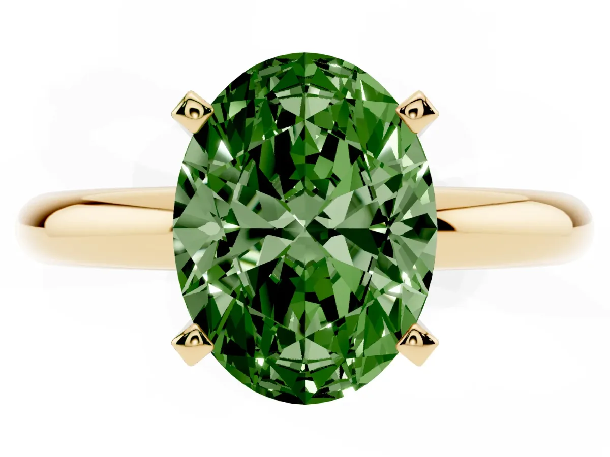 Fancy Green Oval Cut Diamond Solitaire Engagement Ring with Round Band and Four-Prong Setting Yellow gold