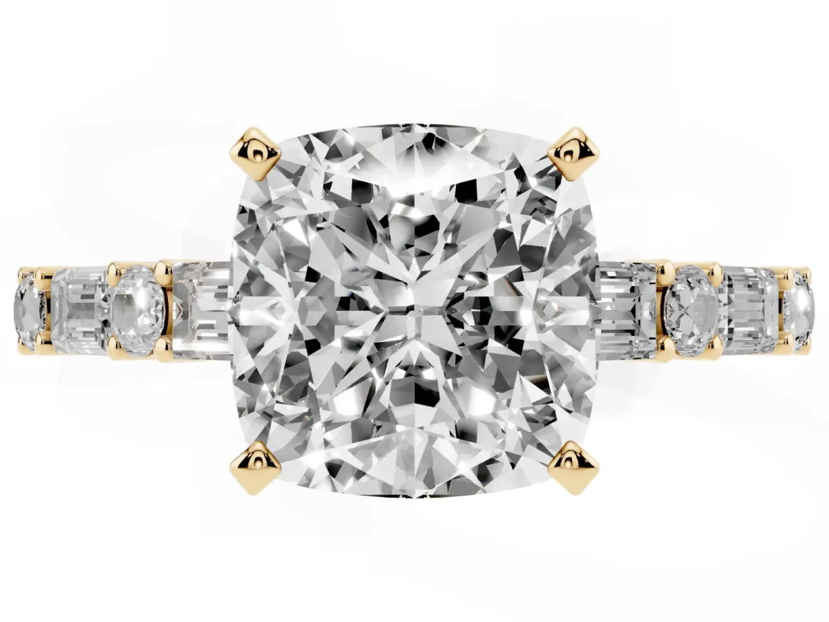 Cushion Cut Diamond Solitaire with Side Baguettes and Channel Set Band Yellow gold