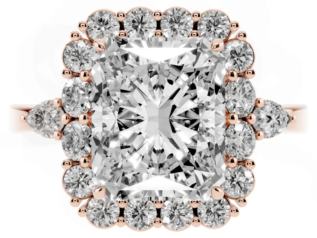 Radiant Cut Diamond Halo Ring with Pear Side Stones and Prong Setting Rose gold