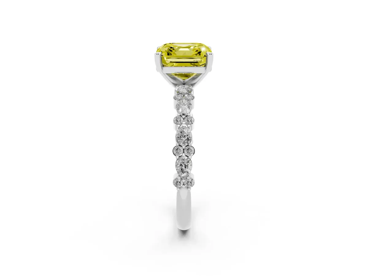 Fancy Yellow Asscher Cut Diamond Side Stone Solitaire Ring with Round and Four-Prong Setting Platinum