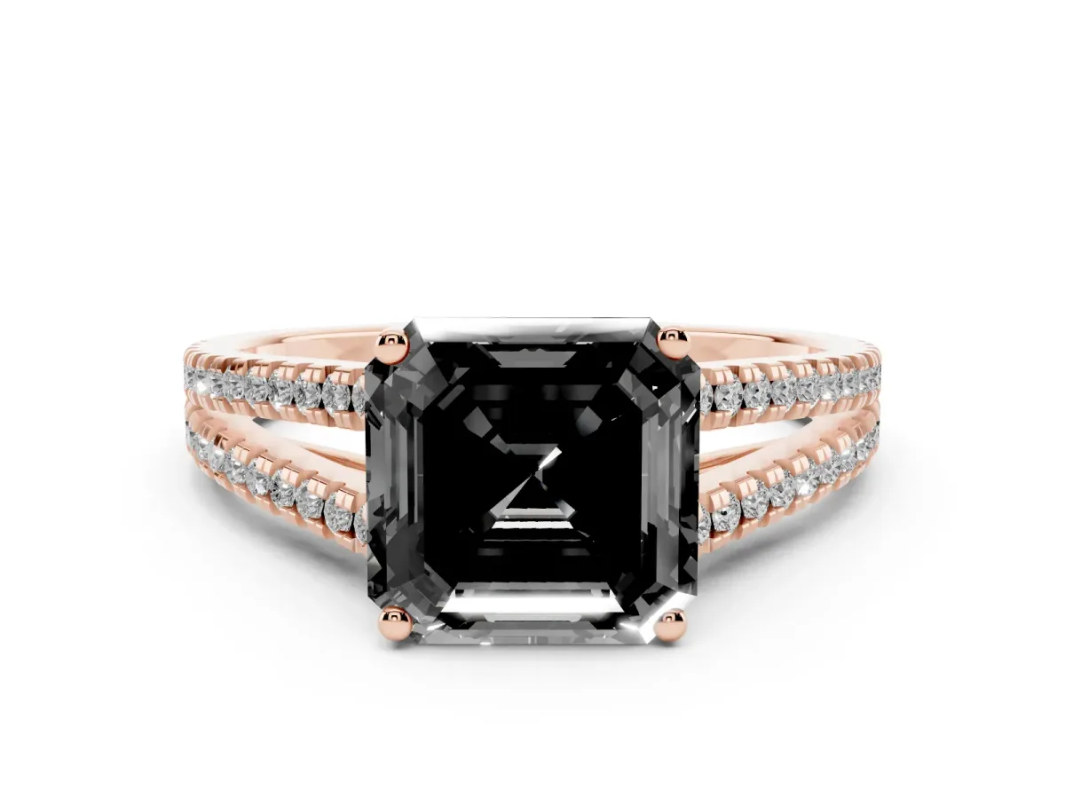 Fancy Black Asscher Cut Diamond Solitaire Engagement Ring with Split Shank Pavé Band Rose gold