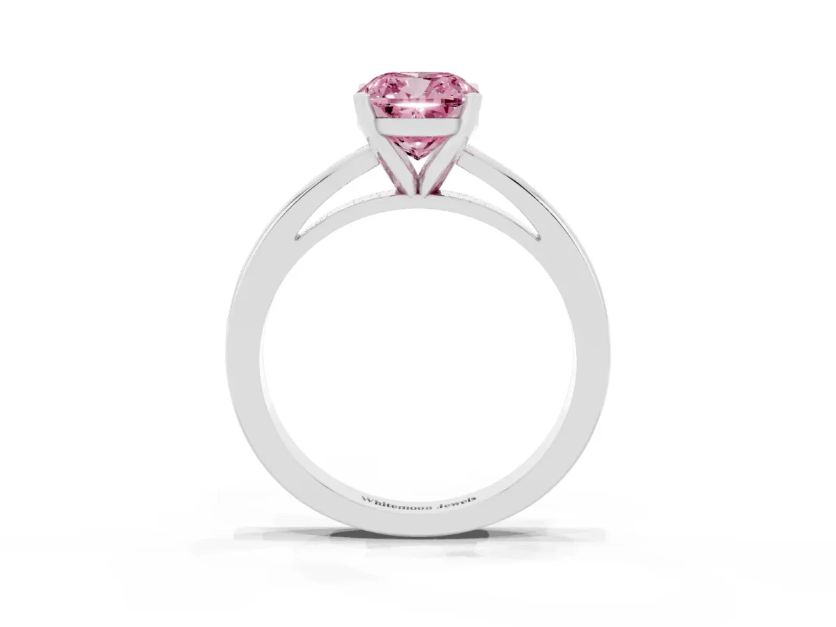 Fancy Pink Cushion Cut Solitaire Diamond Engagement Ring with Four-Prong Setting on a Classic Band White gold