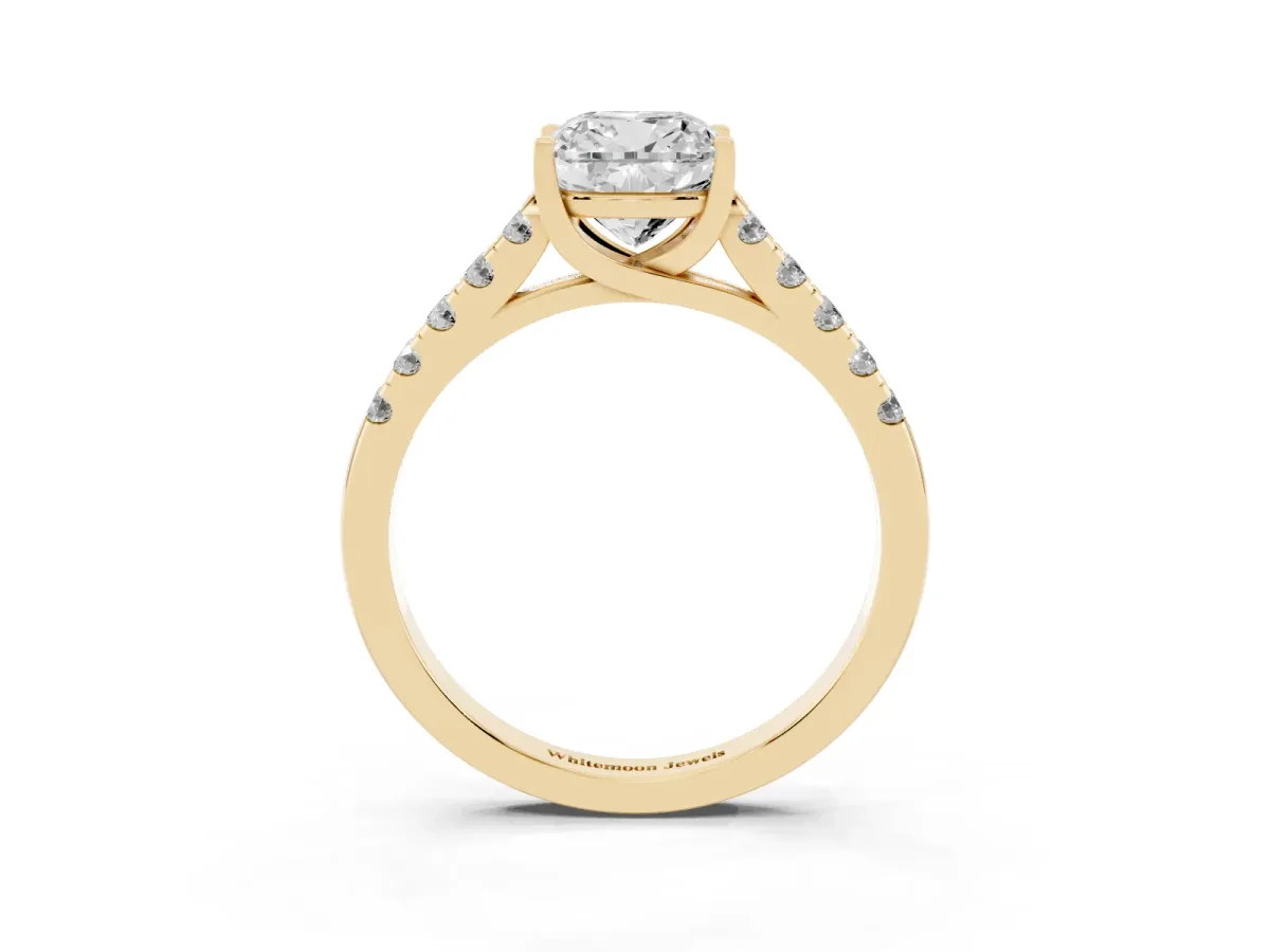 Cushion Cut Diamond Pavé Band Solitaire Ring with Prong Setting Yellow gold