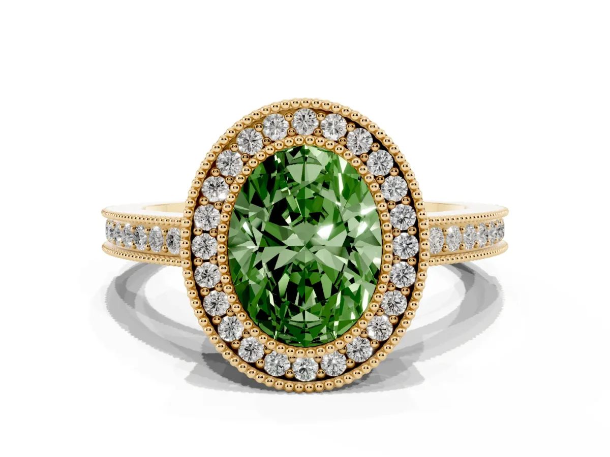 Fancy Green Oval Cut Cut Halo Diamond Ring with Pavé Band and Milgrain Prong Setting Yellow gold
