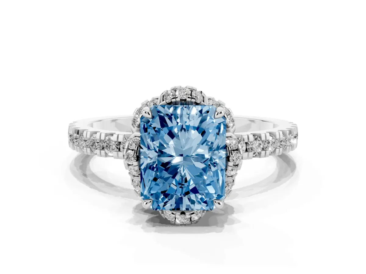 Fancy Blue Radiant Cut Halo Diamond Pave Band Ring with Four-Prong Setting Silver