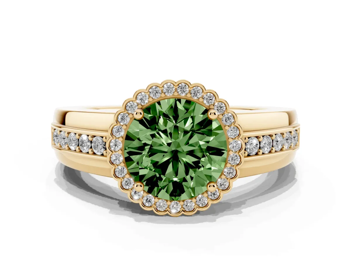 Fancy Green Round Cut Cut Halo Pave Band Four-Prong Ring Yellow gold
