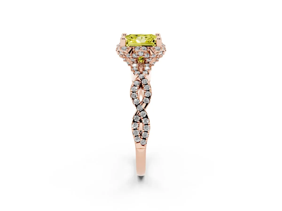 Fancy Yellow Princess Cut Halo Twist Band Solitaire Ring with Six-Prong Setting Rose gold