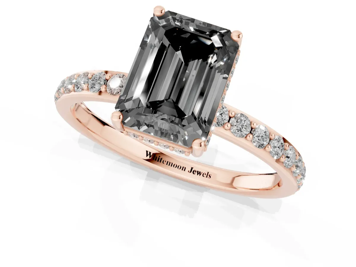 Fancy Black Emerald Cut Diamond Solitaire Ring with Pavé Band and Hidden Halo Rose gold
