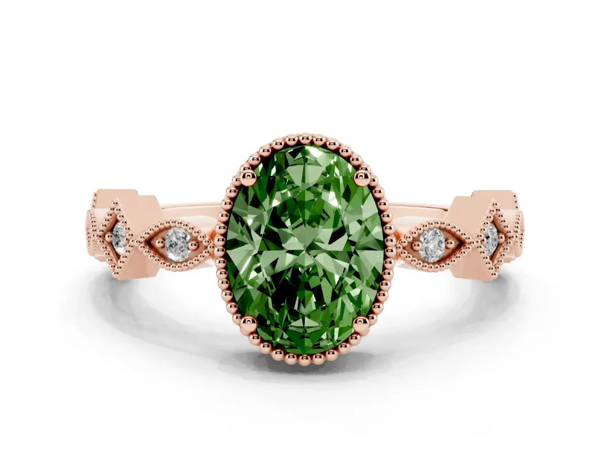 Fancy Green Oval Cut Milgrain Marquise Diamond Twist Band Ring Rose gold