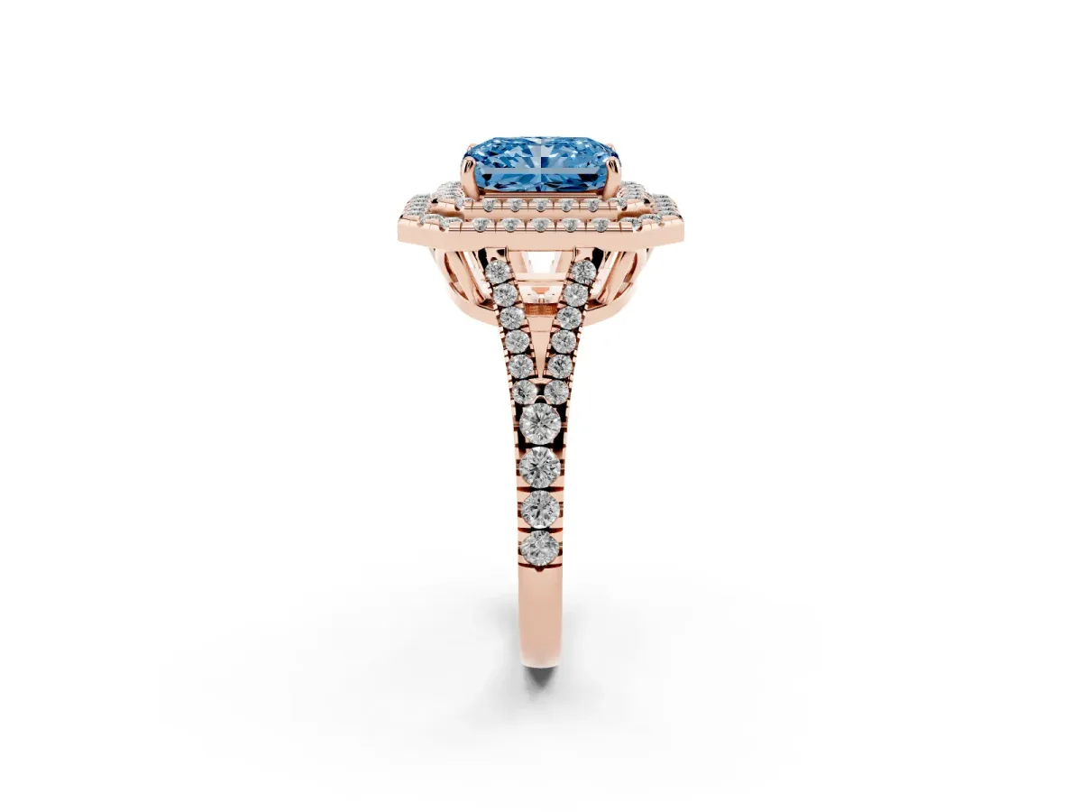 Fancy Blue Radiant Cut Diamond Double Halo Ring with Pavé Band and Prong Setting Rose gold
