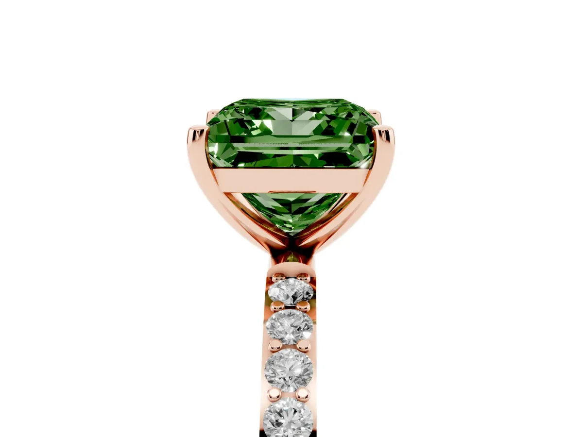 Fancy Green Princess Cut Diamond Solitaire Ring with Round Pavé Shoulders and Prong Setting Rose gold