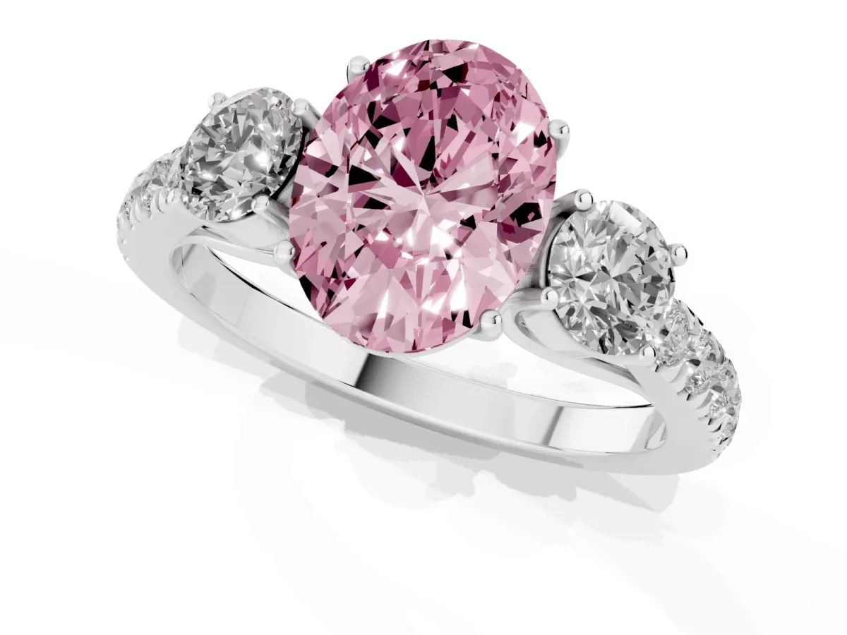 Fancy Pink Oval Cut Cut Diamond Three-Stone Ring with Round Side Stones and Pavé Band Silver