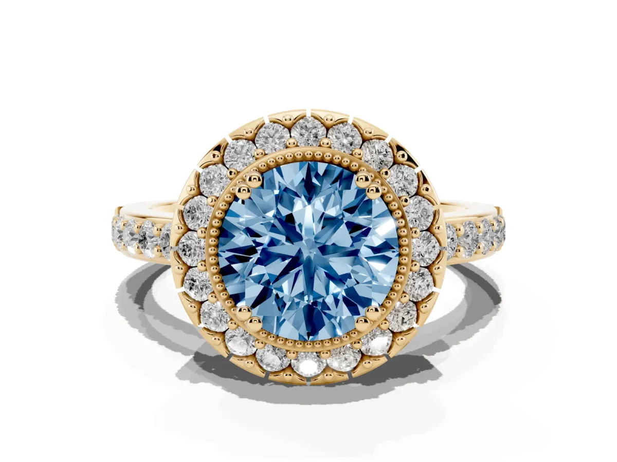 Fancy Blue Round Cut Diamond Halo Ring with Pavé Band and Prong Setting Yellow gold