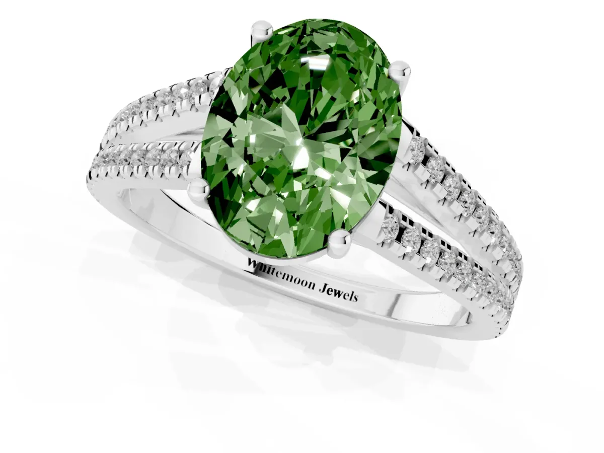 Fancy Green Oval Cut Diamond Solitaire Engagement Ring with Split Shank Pavé Band Platinum