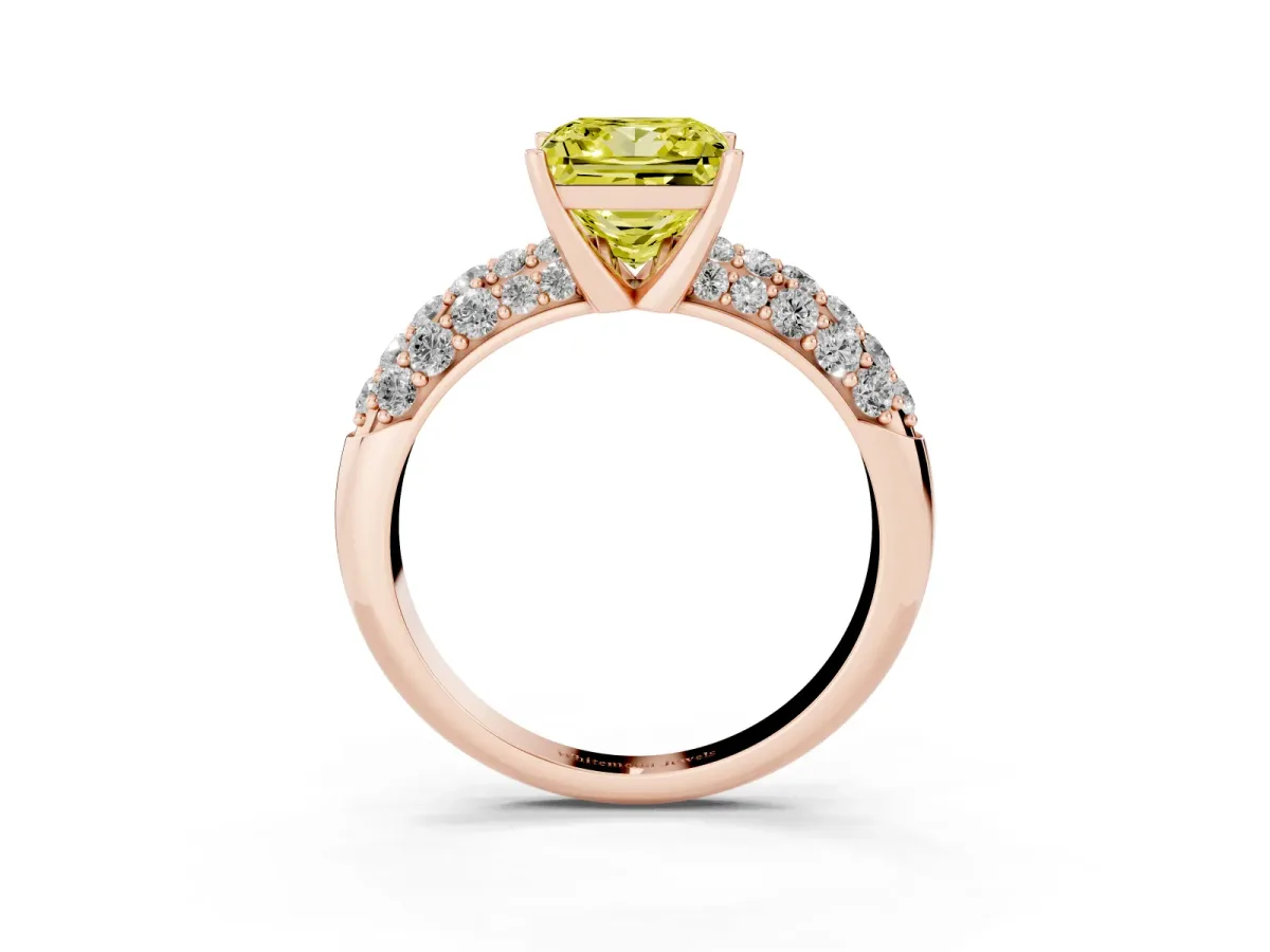 Fancy Yellow Princess Cut Diamond Pavé Band Solitaire Ring with Four-Prong Setting Rose gold
