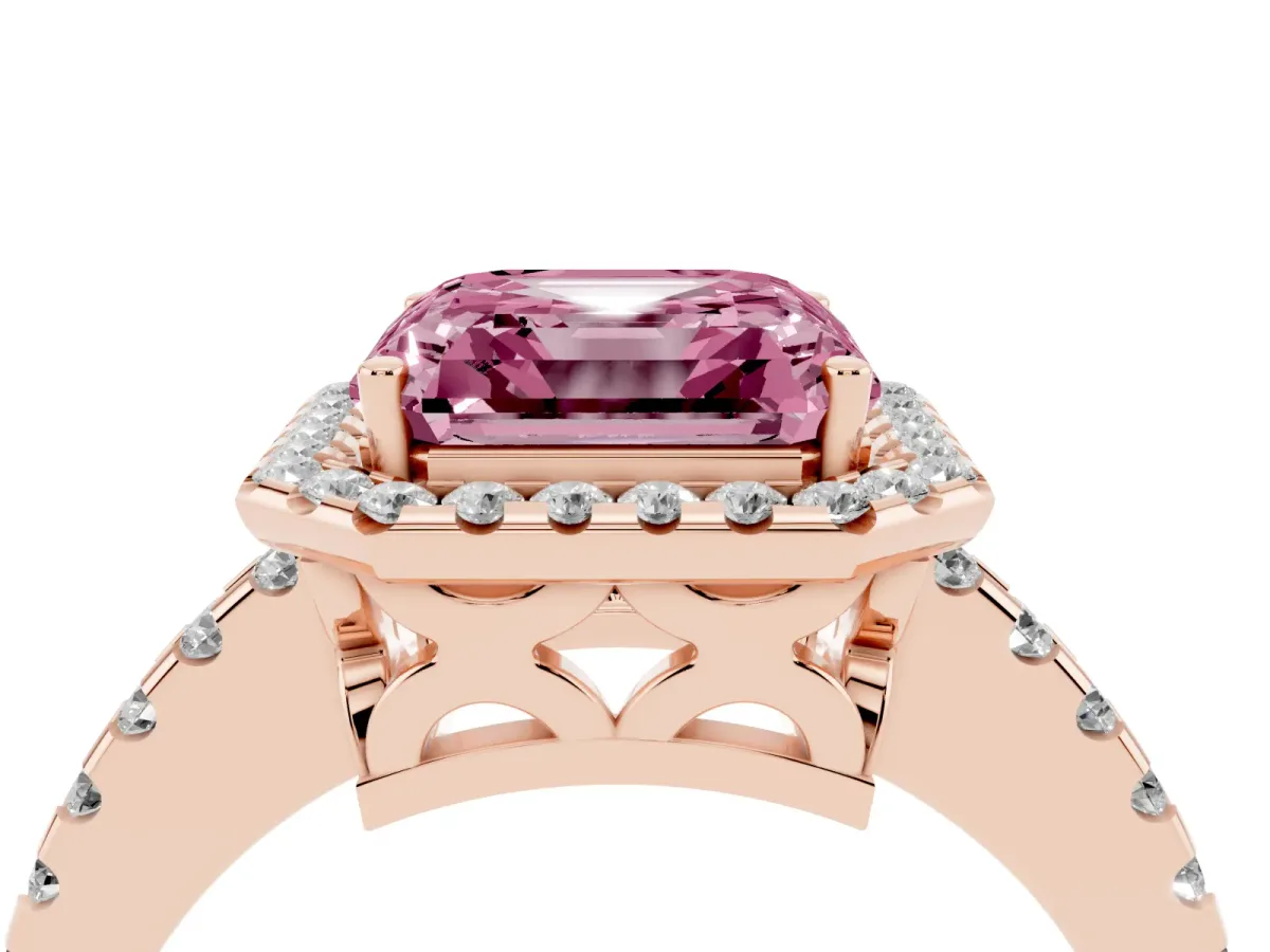 Fancy Pink Asscher Cut Diamond Halo Engagement Ring with Pavé Band and Prong Setting Rose gold