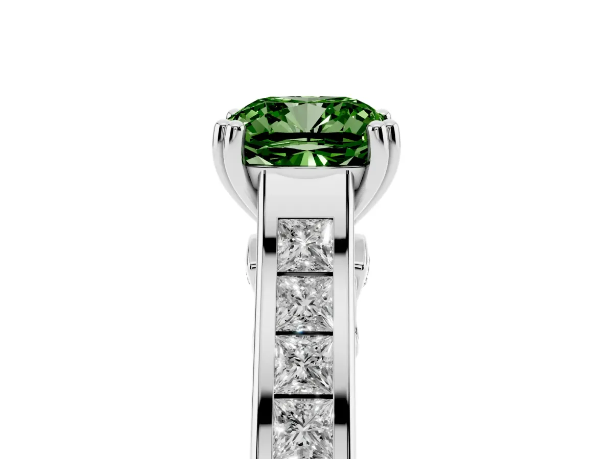 Fancy Green Cushion Cut Cut Channel Set Solitaire Engagement Ring with Prong Setting Silver