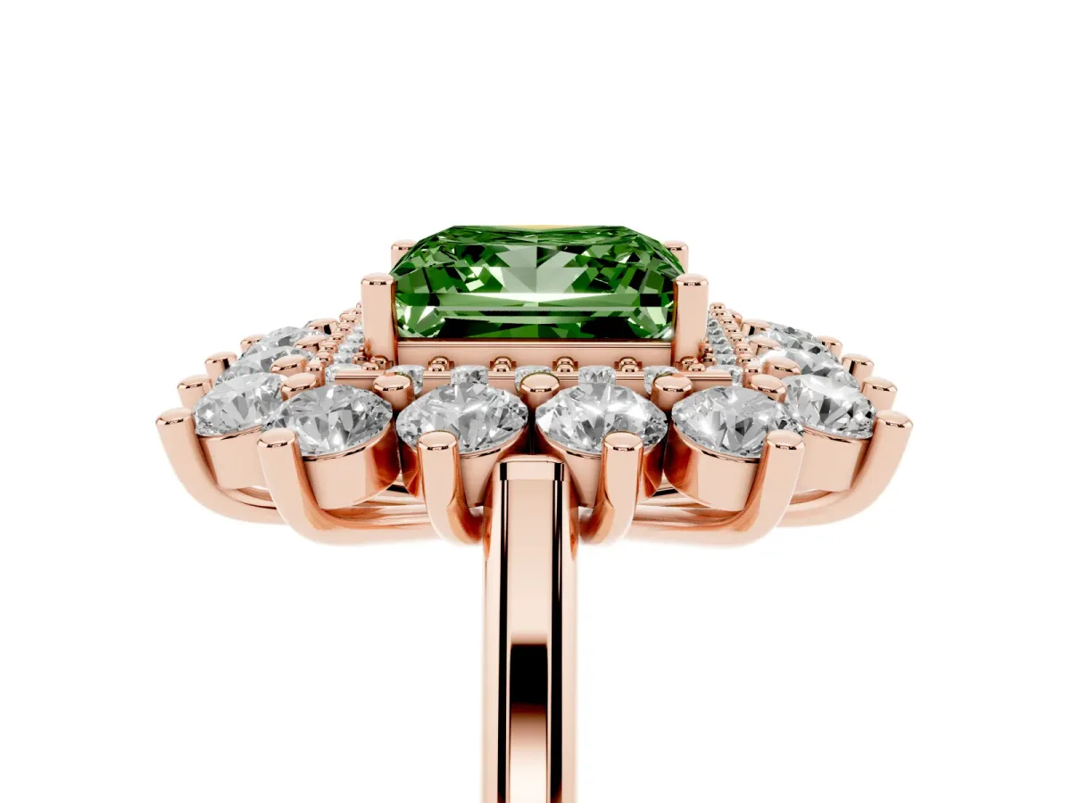 Fancy Green Princess Cut Diamond Floral Double Halo Engagement Ring with Prong Setting Rose gold