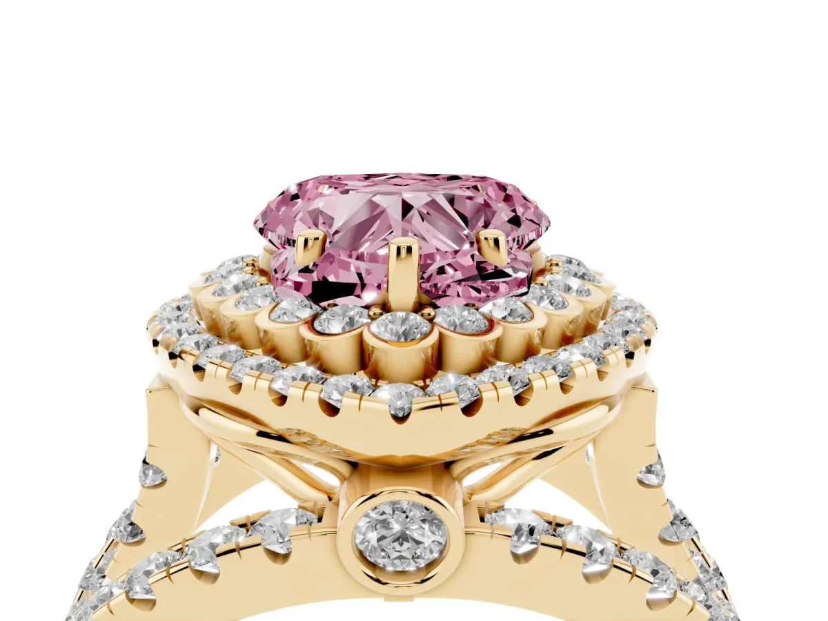 Fancy Pink Heart Cut Diamond Double Halo Ring with Round Pavé Split Shank and Prong Setting Yellow gold