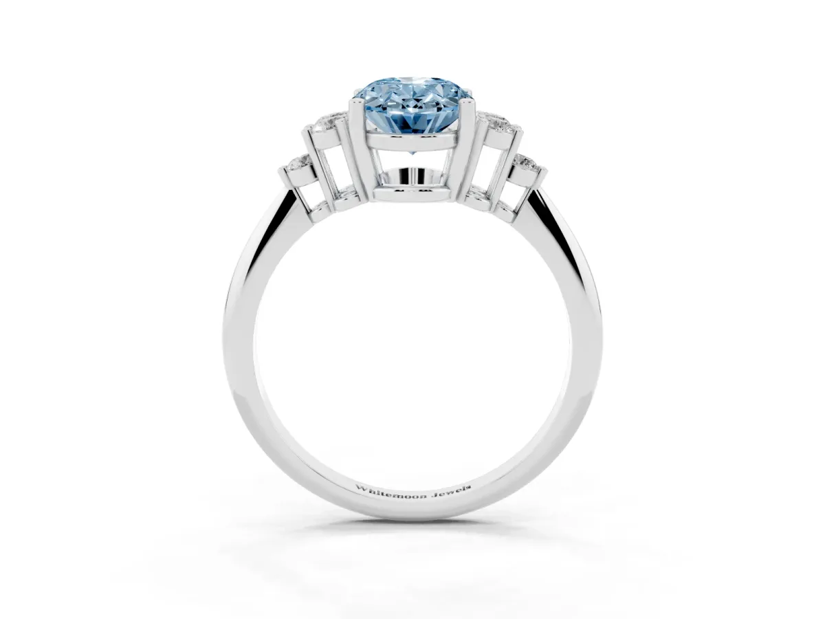 Fancy Blue Oval Cut Cut Diamond Cluster Ring with Solitaire Band and Four-Prong Setting Silver