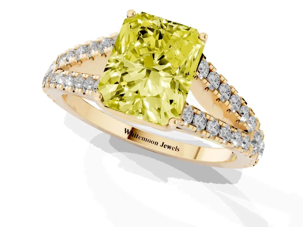 Fancy Yellow Radiant Cut Diamond Split Shank Pavé Engagement Ring with Four-Prong Setting Yellow gold
