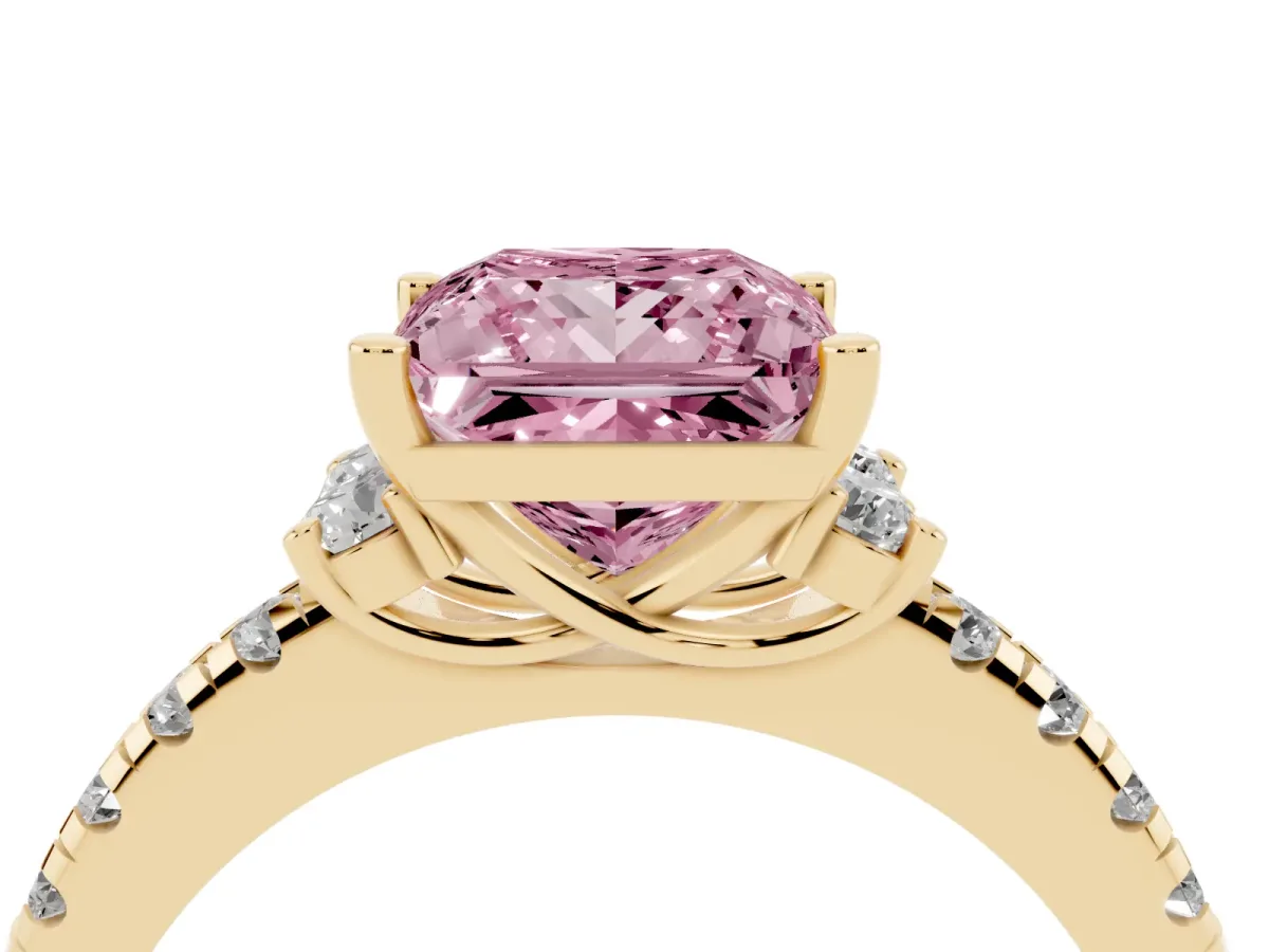 Fancy Pink Princess Cut Diamond Three-Stone Pave Band with Four-Prong Setting Yellow gold