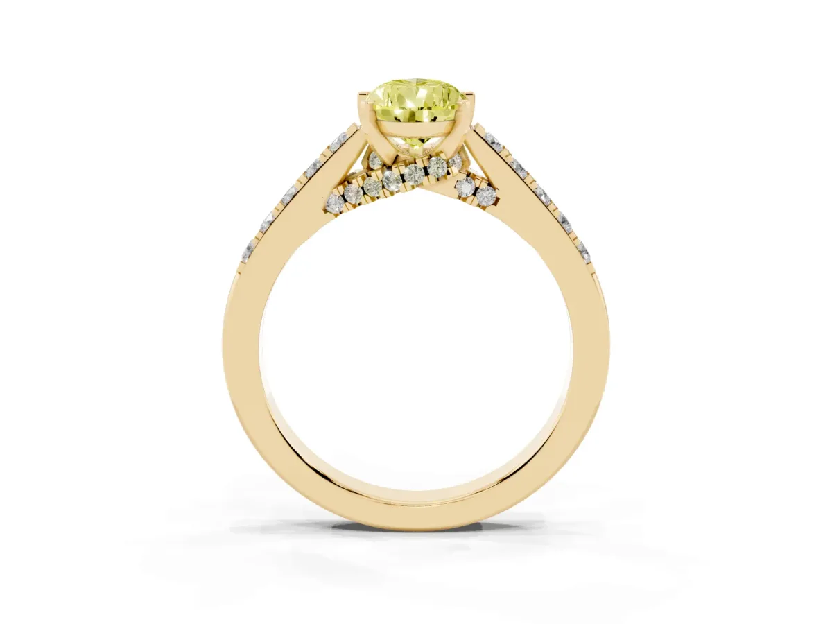 Fancy Yellow Pear Cut Diamond Solitaire Ring with Crossover Gallery and Round Pavé Band Yellow gold