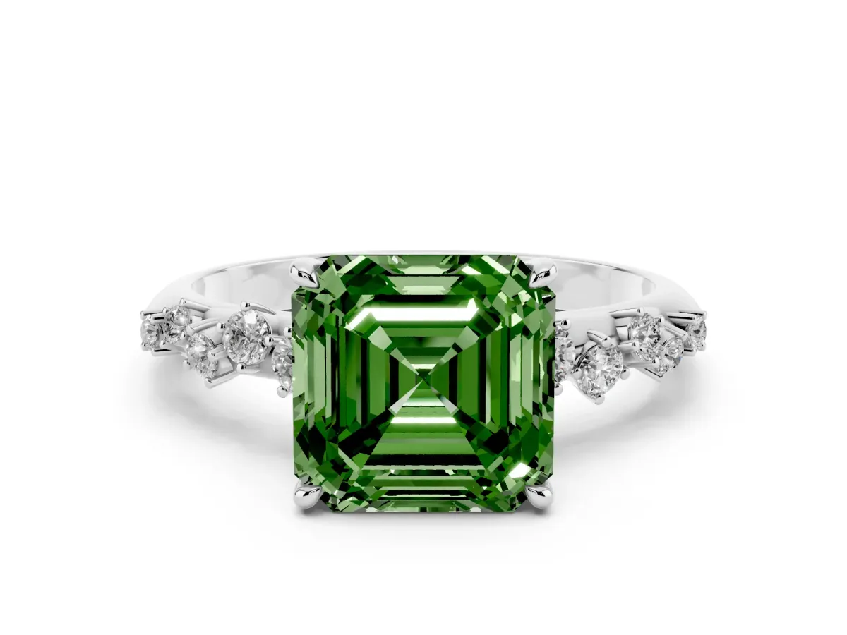Fancy Green Asscher Cut Diamond Cluster Side Stone Solitaire Ring with Prong Setting Platinum