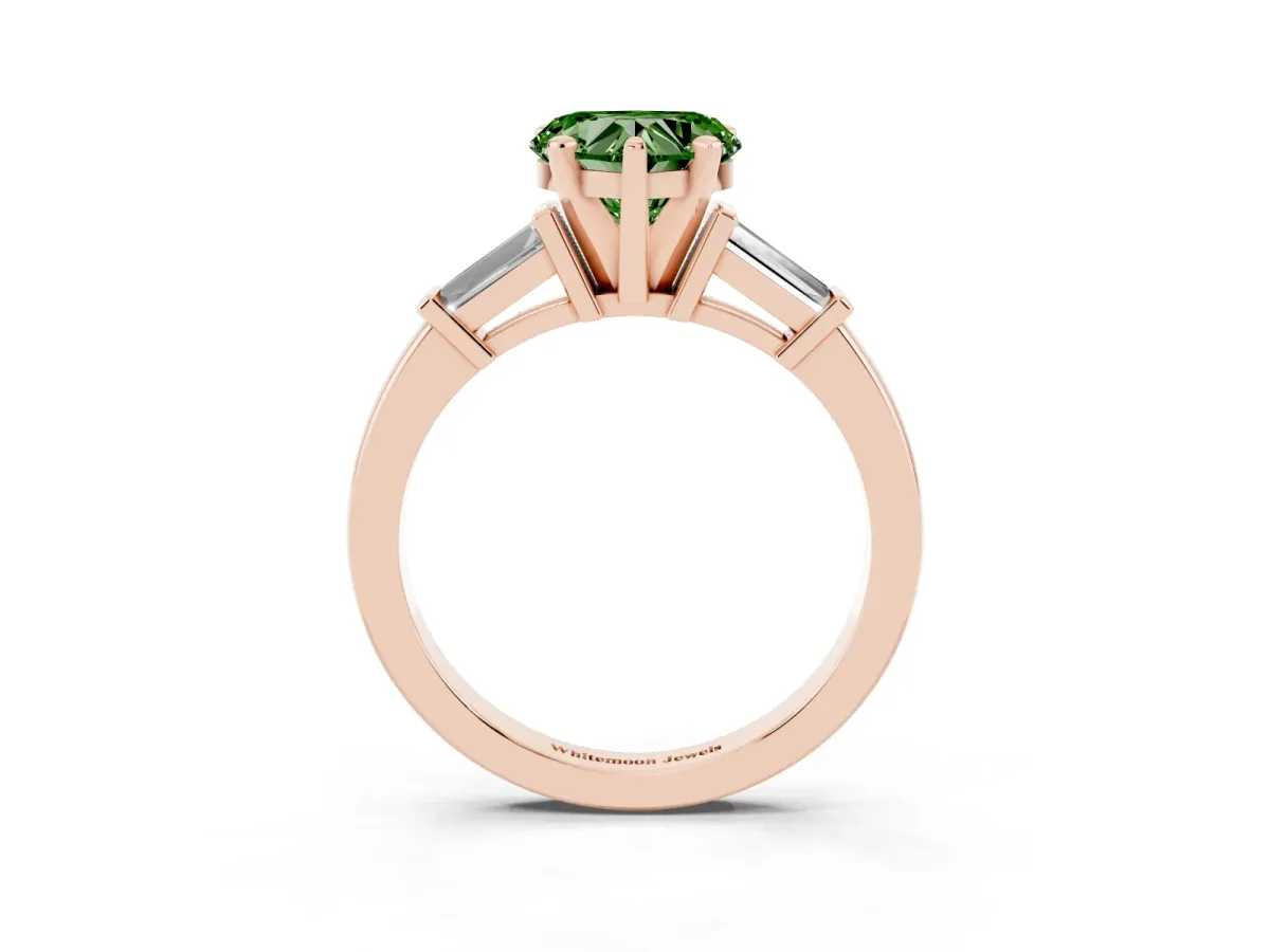 Fancy Green Heart Cut Cut Diamond Solitaire Ring with Tapered Baguette Accents and Four-Prong Setting Rose gold