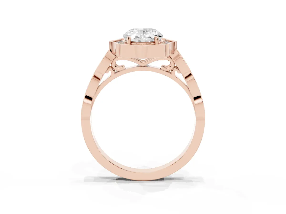 Oval Cut Halo Diamond Engagement Ring with Milgrain Band and Four-Prong Setting Rose gold