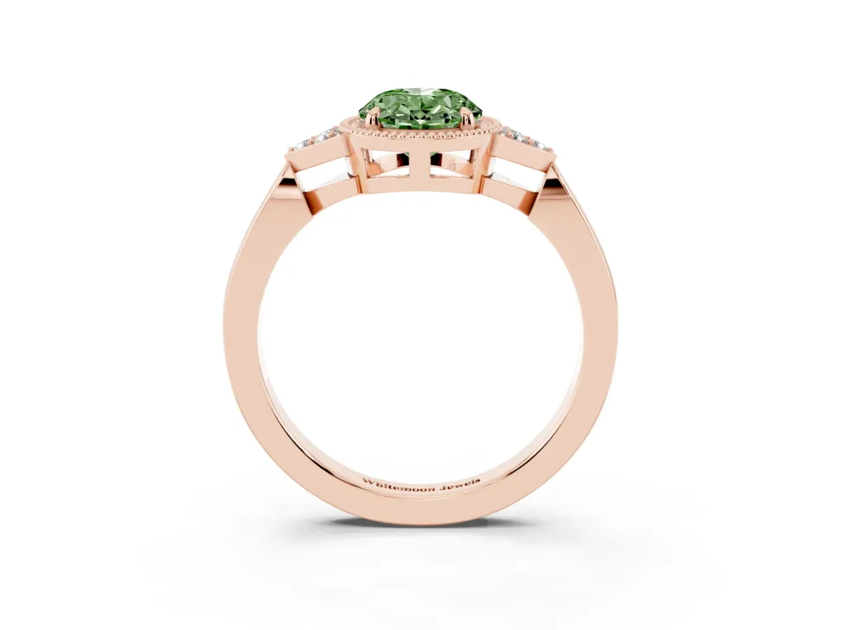 Fancy Green Oval Cut Diamond Halo Ring with Tapered Band and Four-Prong Setting Rose gold