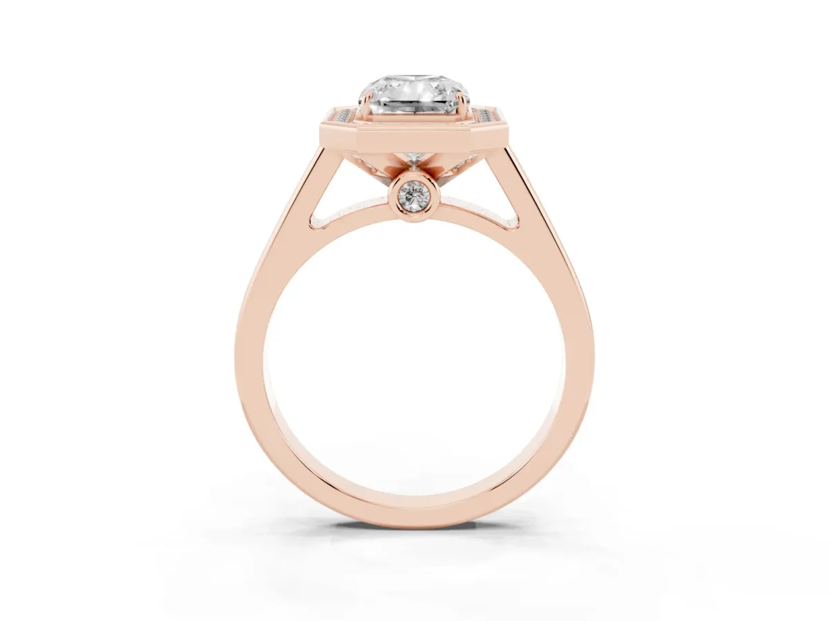 Radiant Cut Halo Solitaire Diamond Ring with Pave Band and Bezel Setting Rose gold