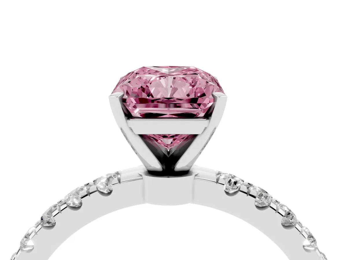 Fancy Pink Radiant Cut Diamond Solitaire Ring with Pavé Accents and Four-Prong Setting Platinum