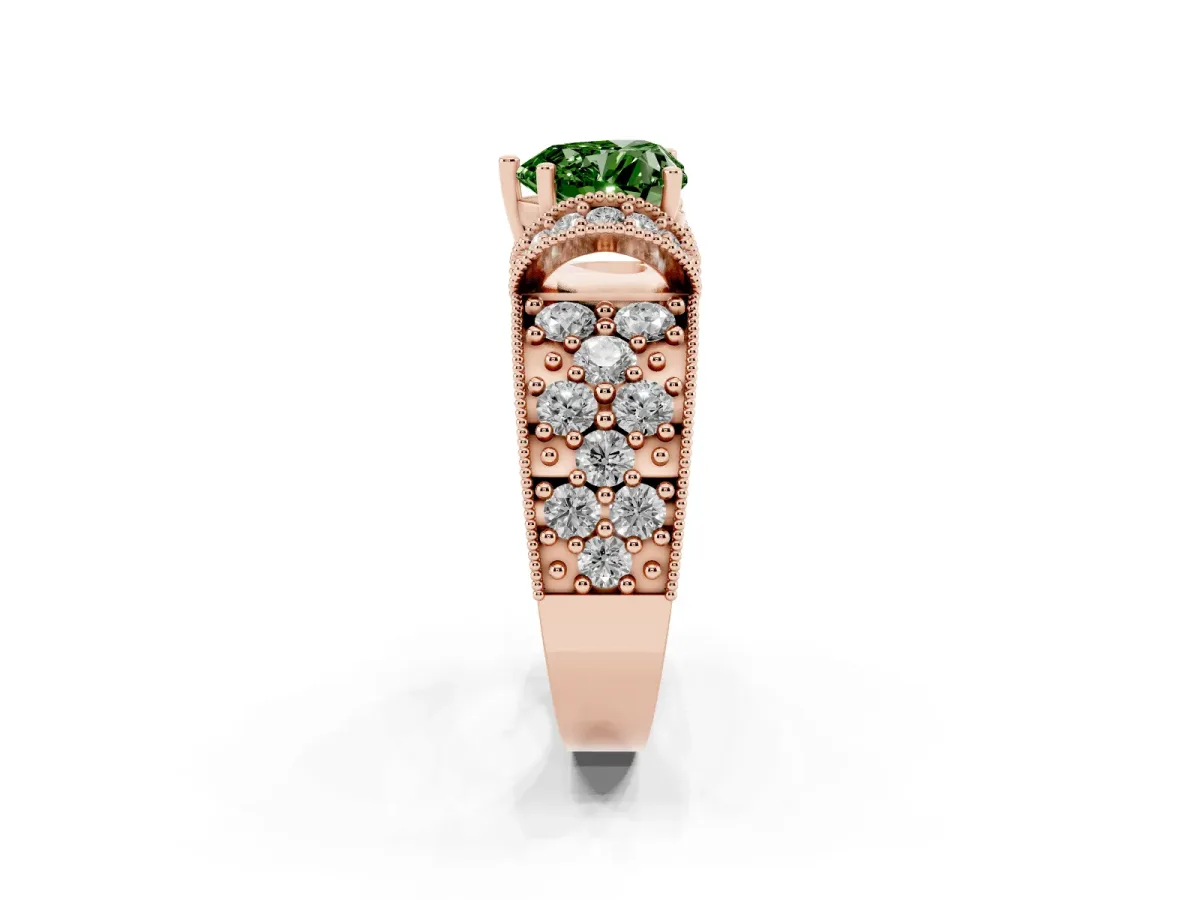 Fancy Green Heart Cut Halo Pave Diamond Engagement Ring with Milgrain Detailing Rose gold