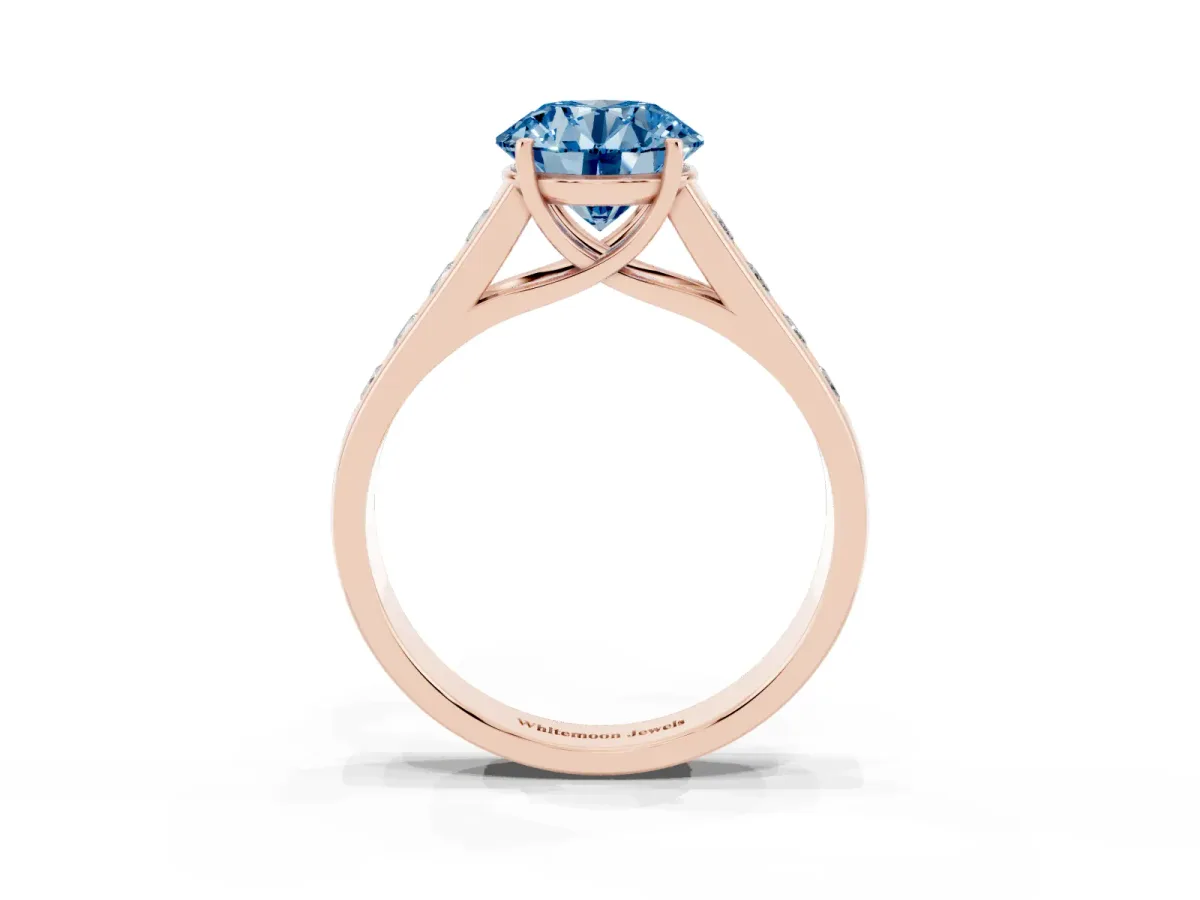Fancy Blue Round Cut Brilliant Channel-Set Solitaire Ring with Four-Prong Setting Rose gold