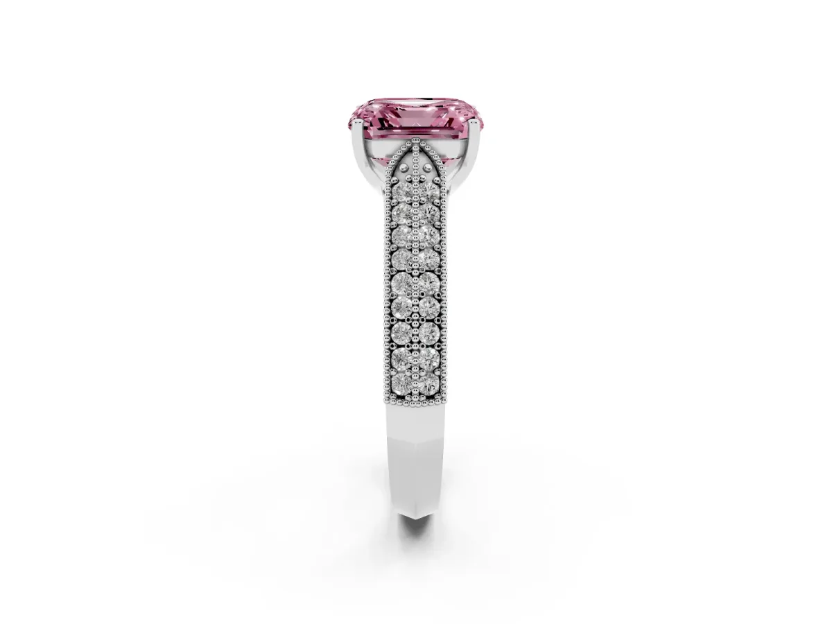 Fancy Pink Asscher Cut Cut Pave Split Shank Engagement Ring with Four-Prong Setting Platinum