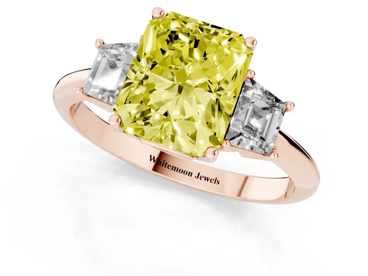 Fancy Yellow Radiant Cut Diamond Three-Stone Ring with Trapezoid Side Stones and Prong Setting Rose gold