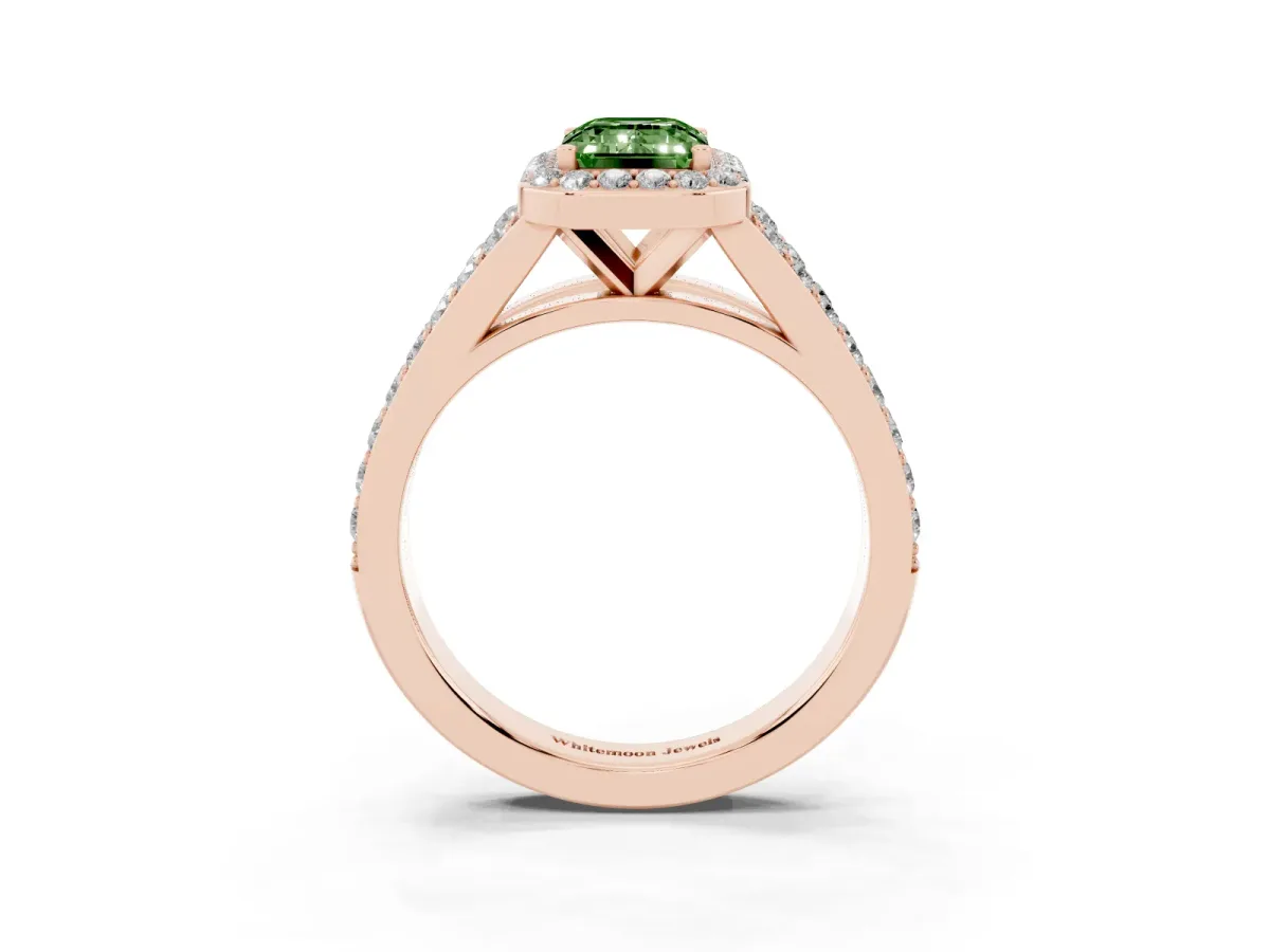 Fancy Green Emerald Cut Diamond Split Shank Halo Ring with Four-Prong Setting Rose gold