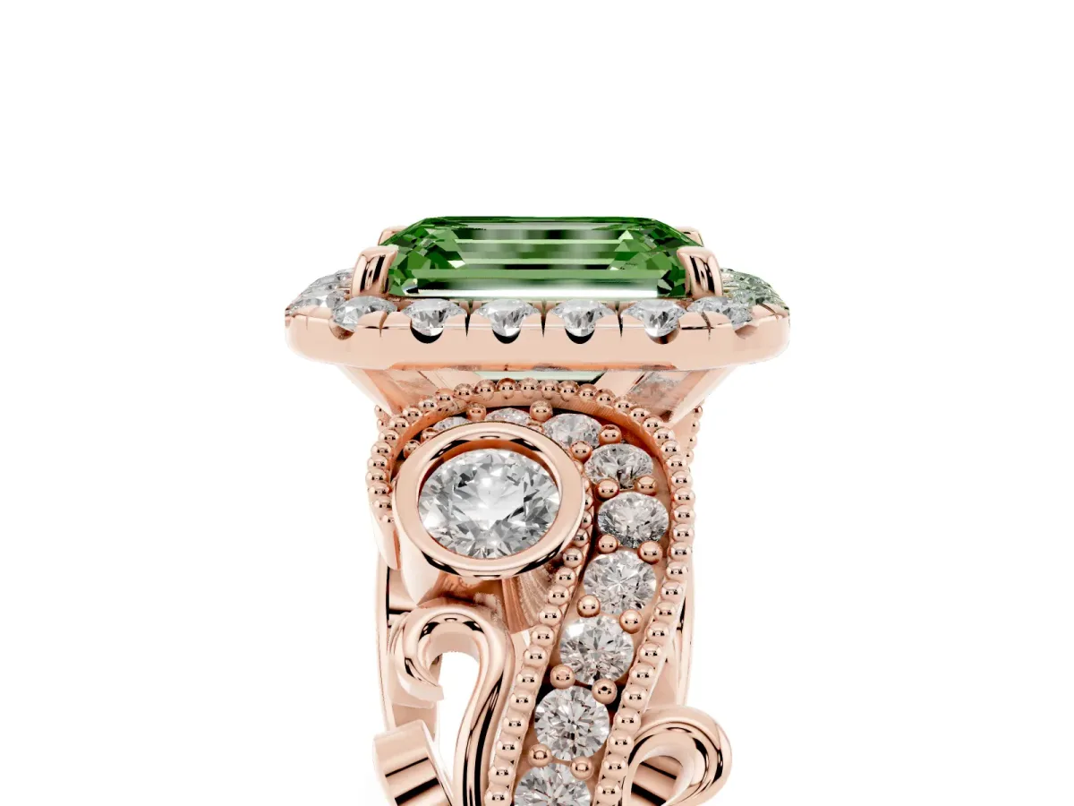 Fancy Green Emerald Cut Diamond Halo Ring with Milgrain Pavé Band and Four-Prong Setting Rose gold