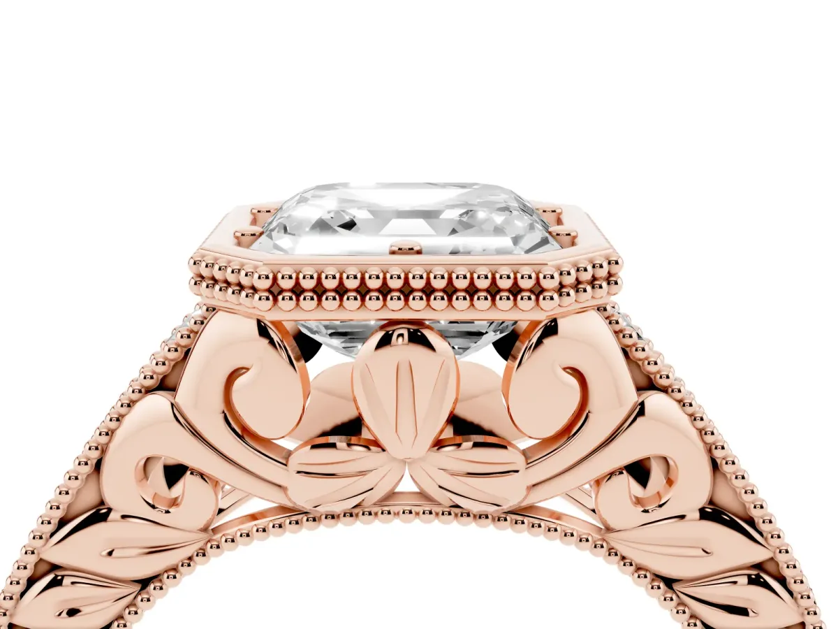 Bezel Set Asscher Cut Diamond Milgrain Pave Engagement Ring Rose gold