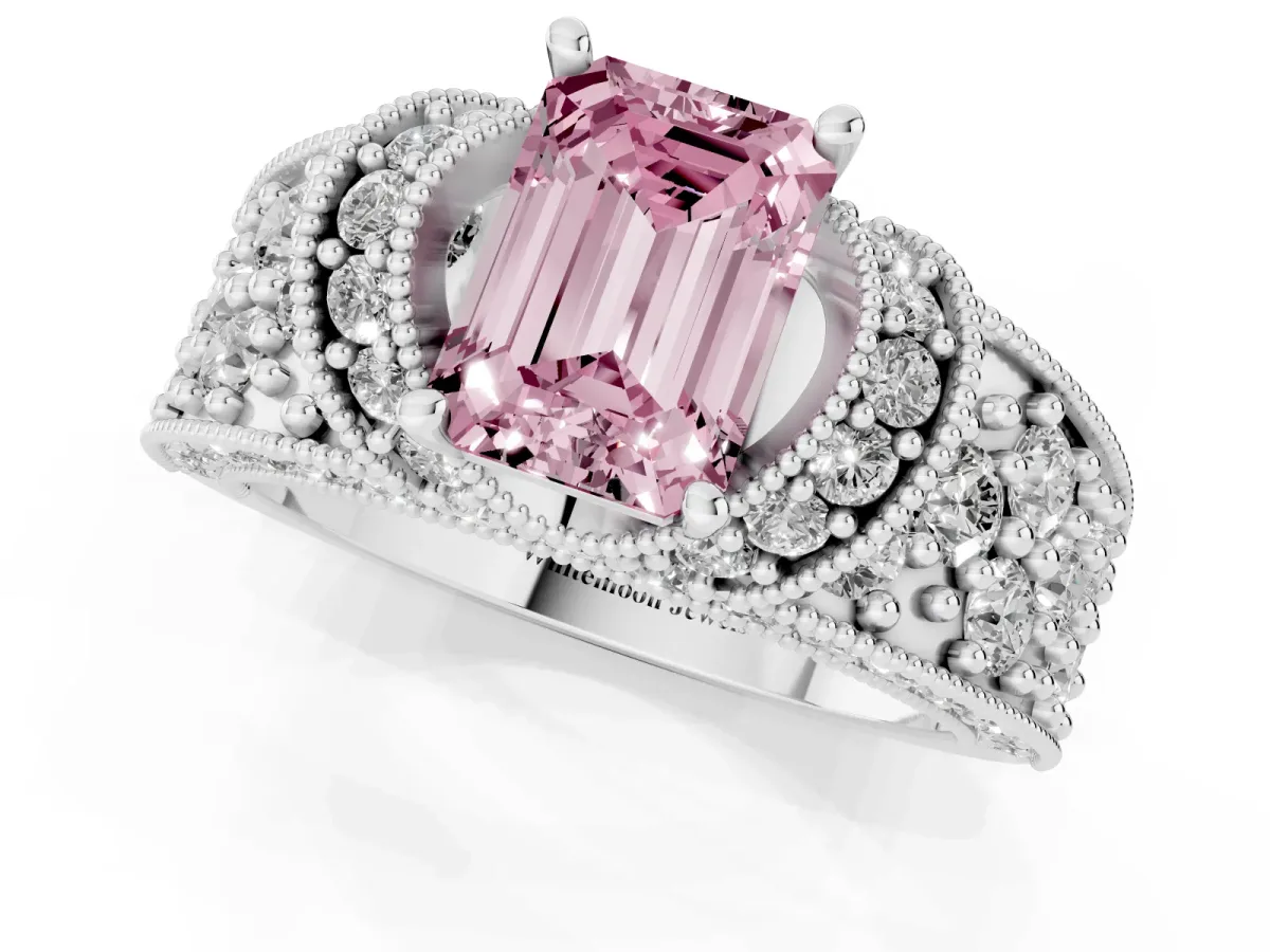 Fancy Pink Emerald Cut Halo Pave Diamond Engagement Ring with Milgrain Detailing Silver