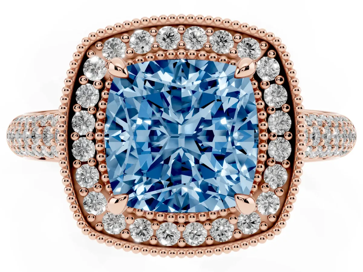Fancy Blue Cushion Cut Cut Halo Diamond Pave Band with Four-Prong Setting Rose gold