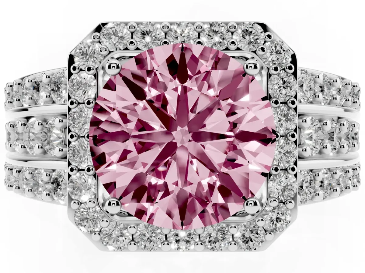 Fancy Pink Round Cut Halo Diamond Ring with Round Split Shank and Prong Setting Platinum