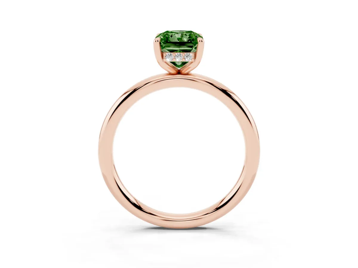 Fancy Green Radiant Cut Diamond Solitaire Ring with Thin Band and Four-Prong Setting Rose gold