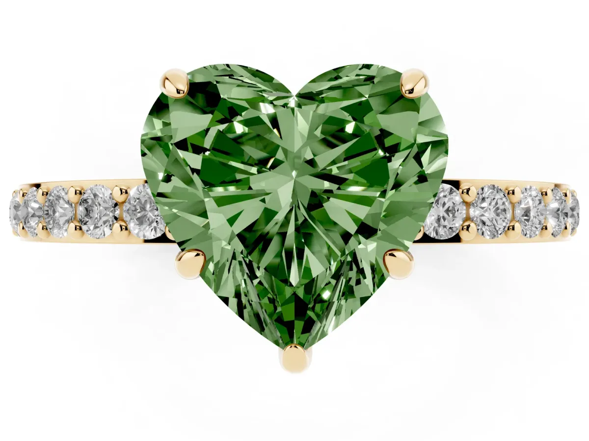 Fancy Green Heart Cut Diamond Pavé Engagement Ring with Round Accents and Prong Setting Yellow gold